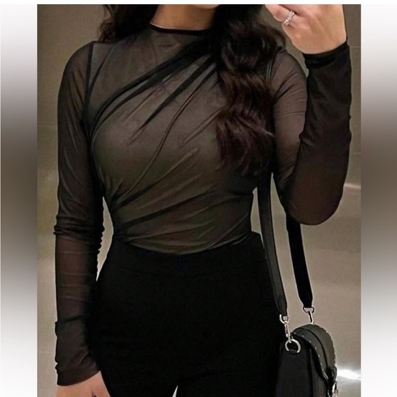 Black ruched mesh bodysuit with white lining, long sleeves mesh sleeves - Picture 2 of 5